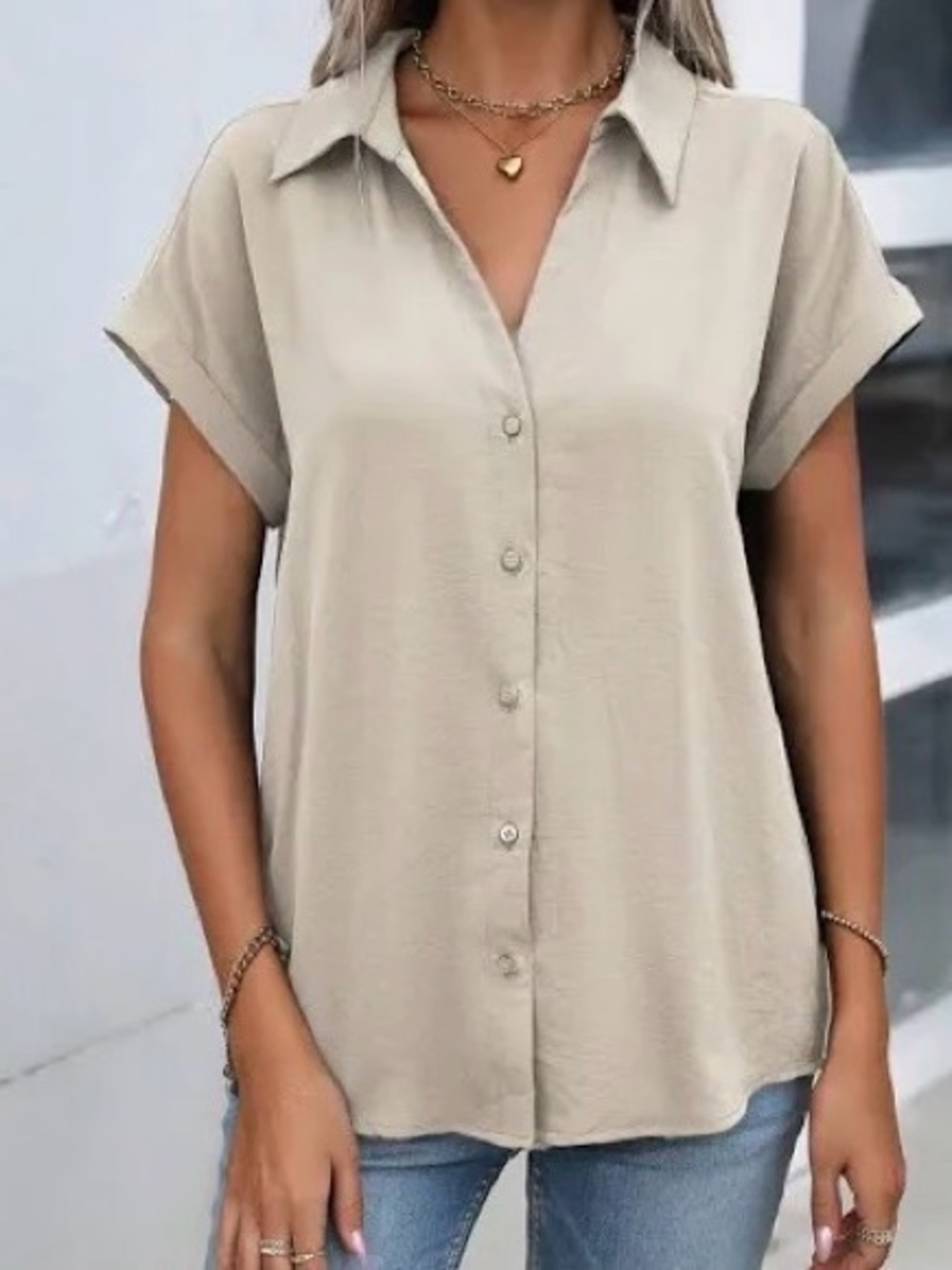 SHEIN Beige Short-Sleeve Button-Down Shirt